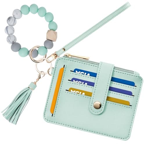 Airkit Wristlet Wallets for Women, Keychain RFID Blocking Credit Card Holder, Small Girly Wallet with Bracelet, Silicone Beaded Tassel Key Ring Card Holder, Green - Image 1