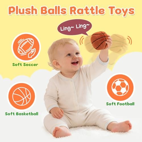 Baby Ball Toys 0-6 Months, Newborn Plush Rattle 3pcs Football Basketball Soccer Sports Set-Sensory Toys with Rattles for 0 3 6 9 12 Months Infant Boys Girls Birthday or Shower Gifts - Thumbnail 3