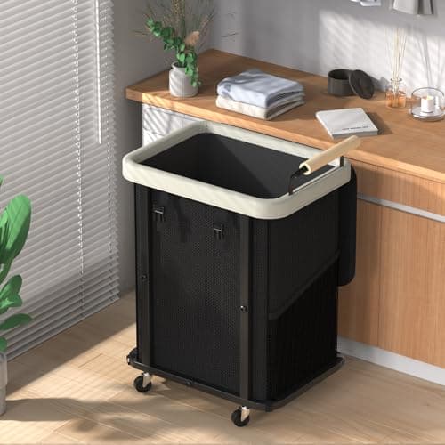 40 Gal (150L) Laundry Hamper with Lid,Leather Patchwork Laundry Baskets with Wheels and Handle,Dirty Clothes Hamper,Laundry Basket Organizer for Bedroom Aesthetic,Laundry Room,Dorm - Black Gray - Image 1