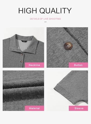 Dokotoo Spring Summer Tops for Women 2025 Button Down Short Sleeve Shirts for Women Lapel V Neck Oversized Shirts Ladies Tops and Blouses Solid Tunic Tops for Women Loose Fit Dressy Grey Shirts M - Thumbnail 6