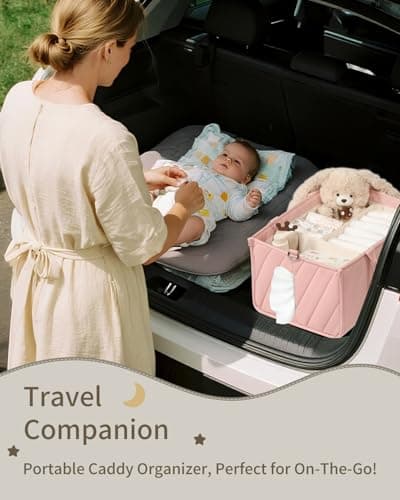 VKSAO Pink Diaper Caddy Organizer – Portable Storage Basket with Shoulder Strap & Stroller Hooks, Splashproof Quilted Nursery & Car Tote for Baby Girl Shower Gift, Baby Registry, Blush Pink - Thumbnail 6