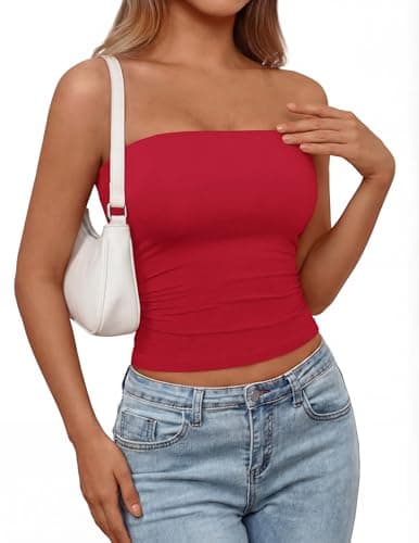 PRETTYGARDEN Womens Tube Top 2026 Summer Going Out Tops Strapless Y2K Bandeau Spring Fitted Shirts Beach Vacation Clothes (Red,X-Small) - Image 1