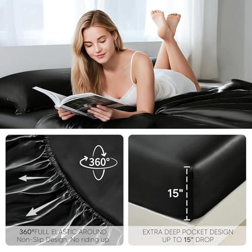 Tokokimo Satin Sheets CKing Size 4 PC - 16" Deep Pocket Silky Soft Bed Sheets, Wrinkle-Free Black Satin Silk Sheet, Hair & Skin Saver Bed Sheets Set with 1 Fitted Sheet, 1 Flat Sheet, 2 Pillow Cases - Thumbnail 3