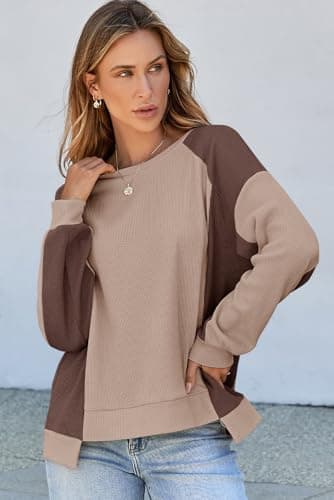 Dokotoo Women's Fashion Sweatshirts Oversized Sweatshirt for Women Waffle Knit Color Block Crewneck Long Sleeve Casual Cute Pullover Tops Comfy Fall Fashion Outfits Clothes 2024 Brown Small - Thumbnail 4