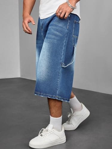 DISLANBO Men's Baggy Jeans Shorts Wide Leg Loose Fit Y2K Hip Hop Long Denim Shorts Streetwear Below Knee - Thumbnail 4