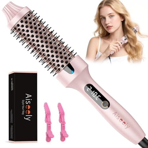 AISEELY Thermal Brush Curling Iron, 1.5 Inch Ceramic Heated Round Brush, Curly and Straight Hair, 6 Temperature Settings, Negative Ion Less Damage, Dual Voltage Hair Tools, Pink - Image 1