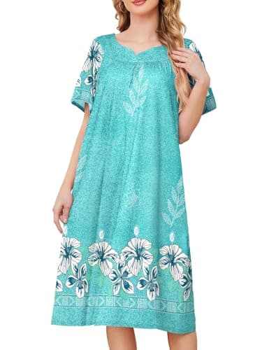 Moomoo House Dresses for Women with Pockets - Nightgowns & Lounge Dresses for Older Women & Elderly Grandma - Green Flower Print Sleepwear - Image 1