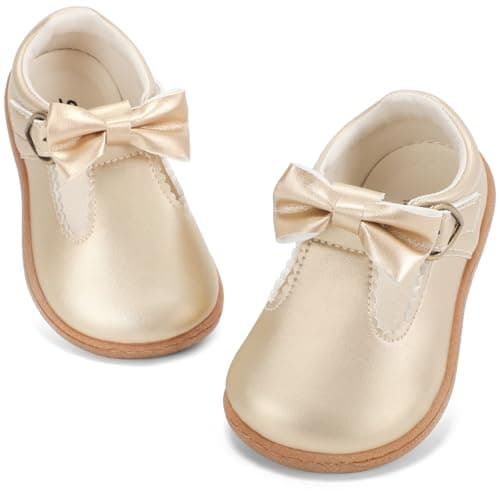 STQ Toddler Girls Dress Shoes Wide Toe Box Mary Jane Flats Ballet Wedding School Uniform Flower Ballerina Baby First Walking 6-12 12-18 Months Babies Casual with Zero Drop Gold Toddler Size 5 - Image 1