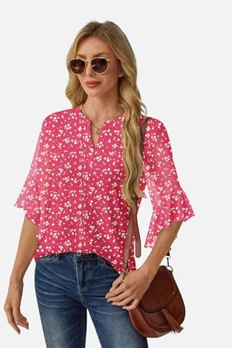 GKBK Womens 3/4 Sleeve Tops Dressy Casual Business Work Blouses Office Shirts Raspberry Pink XL - Thumbnail 5