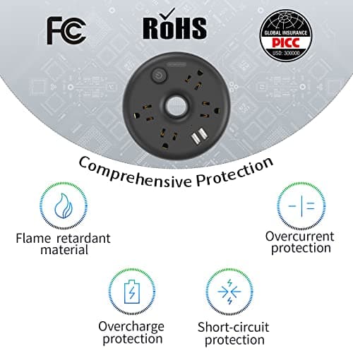 NTONPOWER 25ft Black Power Strip with 4 Outlets, 2 USB Ports, Desktop Extension Cord, Overload Protection, Fireproof ABS+PC Shell - Thumbnail 5