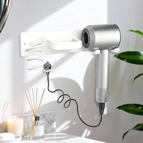 Dovyn Blow Dryer Holder Wall Mount, 3 in 1 Bathroom Hair Tool Organizer with Curling Iron Holder & Flat Iron Holder, Universal Hair Dryer Holder Rack Storage White - Thumbnail 3
