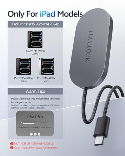 LULULOOK Magnetic Wireless Charger Cord for iPad Pro 11" M4/M5, 35W Aluminum Alloy Charger Fast Charing for iPad Pro 11 inch M5 with 6.5ft USB-C Cable - Thumbnail 3