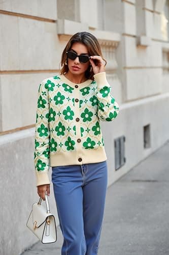 Saodimallsu Womens Flower Pattern Cardigan Green Floral Sweaters Soft Long Sleeve Vintage Christmas Knit Outwear 2025 - Thumbnail 4