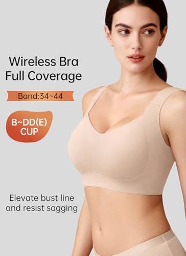 REALWILL Everyday Comfortable Wireless Bra Supportive Push Up Minimizer Bras for Women Seamless Soft Tshirt Bras No Underwire Full Coverage Bralette Lift Bra Nude L - Thumbnail 3