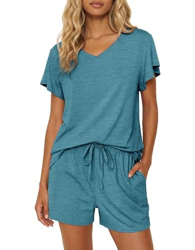 Ekouaer Pajamas Set Women Casual Ruffle Sleeves Soft Comfy Loungewear Set with Pockets,Medium,Blue Green - Image 1