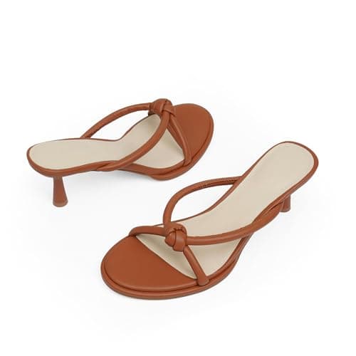Easyfox Brown Bow Heels for Women Rounded Open Toe Bow Heels Mules Slip on Sandals Womens Size 9 - Thumbnail 6