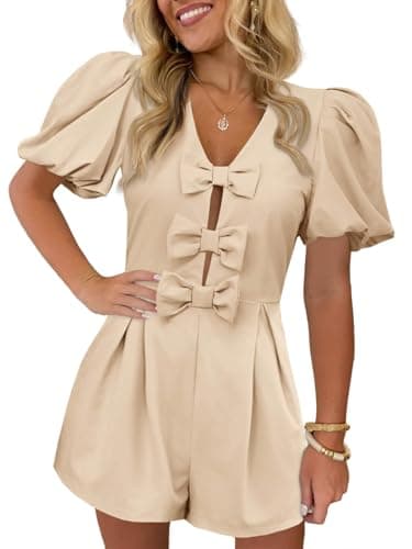 Cicy Bell Womens Cute Rompers Bow Front Puff Sleeve V Neck Short Jumpsuits Sexy Summer Outfits with Pockets - Image 1