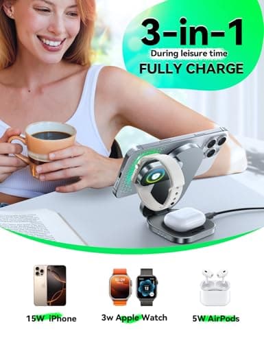 Qi2 3 in 1 Wireless Charging Station,JOYROOM 15W Fast Wireless Charger Stand for iPhone 16/15/14/13, Apple Watch, AirPods, Magnetic Foldable for MagSafe Charger for Multiple Devices (with 30w Adapter) - Thumbnail 4