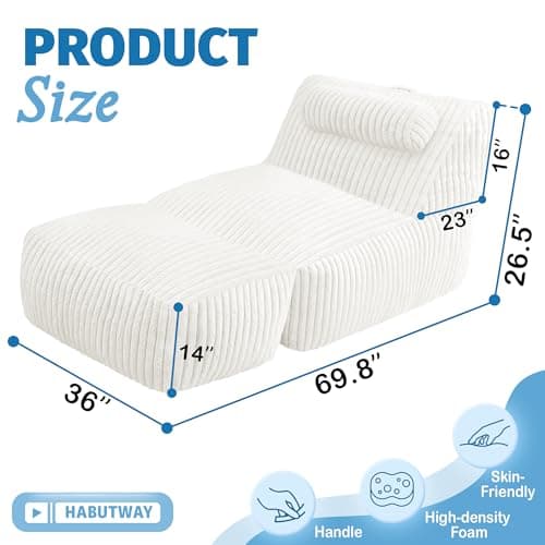 HABUTWAY Giant Bean Bag Chairs for Adults,Big Bean Bag Lounger with Removable Cover,Large BeanBag Chair with Ottoman&Storage Pocket,Memory Foam Filled Bean Bag Sofa for Living Room,Bedroom-Plush Beige - Thumbnail 2