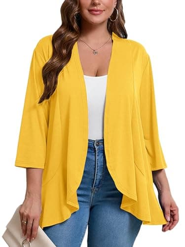 AusLook Women's Plus Size 3/4 Sleeve Lightweight Open Front Cardigan Yellow 2X Draped Ruffles Causal Cover Ups Shrugs Tops Shawls and Wraps Kimono Jacket Coat - Image 1