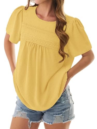 NORACORA Womens Summer Tops Crewneck Short Sleeve Shirts Casual Chiffon Boho Babydoll Blouses Flowy Lace Hem Boho Clothing Trendy 2026 Yellow L - Thumbnail 5