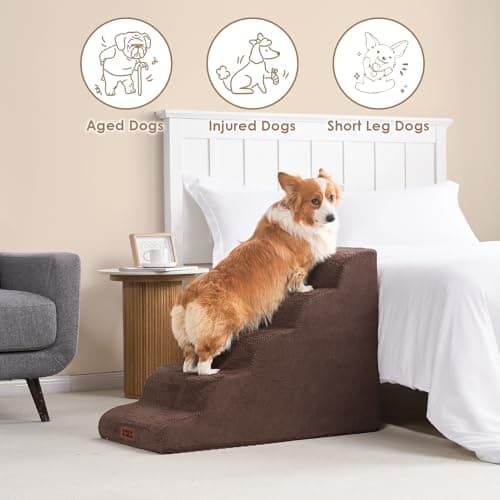 EHEYCIGA Curved Dog Stairs Ramp for High Beds, 5-Step Extra Wide Dog Steps for Small Dogs and Cats, Pet Stairs for High Bed Climbing, Non-Slip Balanced Pet Step Indoor, Brown - Thumbnail 5