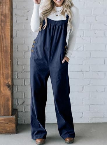 Happy Sailed Overalls for Women Winter Fall Corduroy Sleeveless Jumpsuits Casual Loose Wide Leg Pants Rompers with Pockets Navy Blue Small - Thumbnail 3