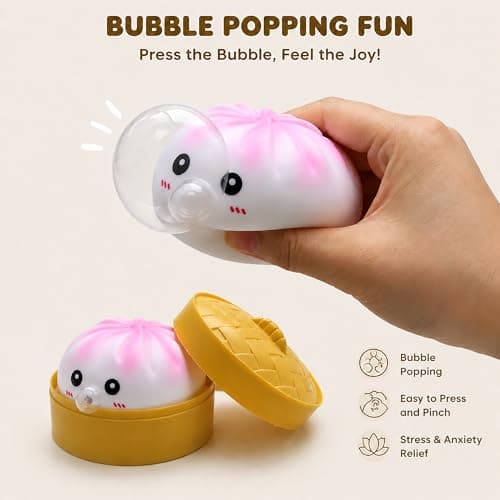 KYLARA Yellow Pink Dumpling Squishies, Mystery Squishies Dumpling Blowing Bubble, Soft Squeeze Desk Toy, Tie Dye Bao Bun with Food Streamer, Cute Fidget Sensory Ball Gift for Stress Anxiety Relief - Thumbnail 3