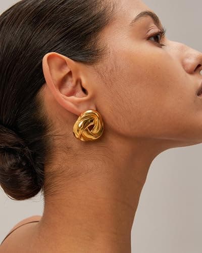 UANNEAU Gold Chunky Earrings for Women Trendy, 14K Gold Plated Dainty Blod Kont Earrings Statement Minimalist Hypoallergenic Earrings - Thumbnail 3