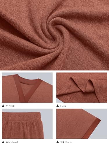 GKBK Womens Two Piece Outfits Pajama Sets 3/4 Dolman Sleeve V Neck Sleepwear Nightwear Loungewear Matching Pjs 2 Piece Lounge Set Lightweight Sweatsuit Fall Fashion Ooutfit Brown M - Thumbnail 4