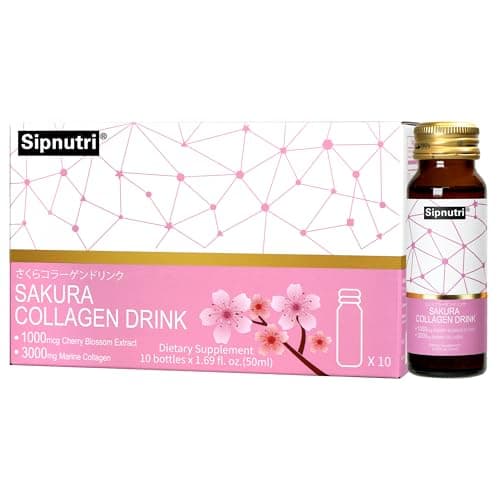 Sipnutri Sakura Collagen Drink - Gift for Mother - Marine Peptides Liquid Shot Hydrolyzed with Cherry Blossom & Mangosteen Extract, Supports Skin Hydration, Hair & Nail Health – 1.69 fl oz x10
