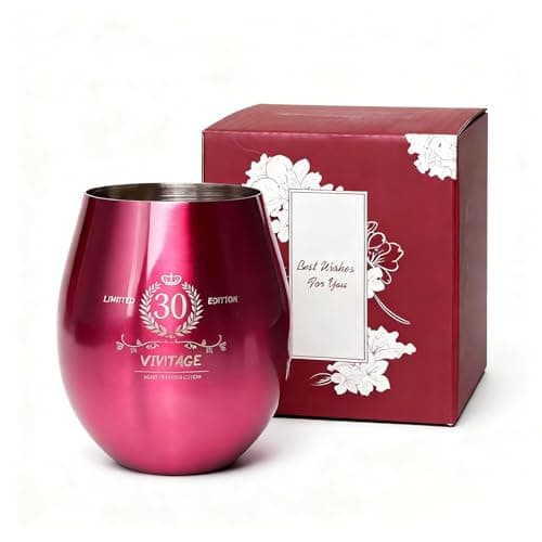 TJ 30th Birthday Gifts for Her Vintage Engraved Wine Glass - 30th Birthday Stainless Steel Stemless Wine Glass Birthday Decoration, 30 Year Old Birthday Gift for Women Men Wife Friend Sister, Hot Pink - Image 1