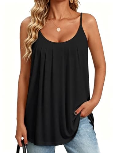 NORACORA Womens Tank Tops Flowy Summer Top Adjustable Spaghetti Straps Scoop Neck Sleeveless Loose Fit Pleated Camisole Shirts Black M - Image 1