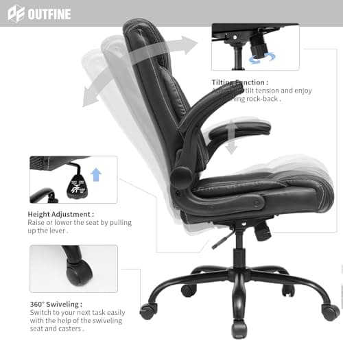 OUTFINE Flip-up Arms Office Chair 300lbs Executive Chair Swivel Office Chair with hydrolysis-Resistant Leather Spring Cushion Thick Padding and Ergonomic Design (Black, Flip Arm Medium) - Thumbnail 6
