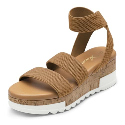 Athlefit Platform Sandals Women Open Toe Elastic Ankle Strap Wedges Comfortable Dressy Brown Flatform Sandals Size 9 - Image 1