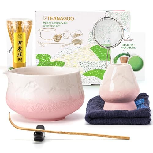 TEANAGOO 7 Pcs Matcha Whisk Set, Pink Matcha Set, Ceremony Matcha Powder Kit,Matcha Tea Set for Making Latte,Matcha Whisk Set and Bowl with Scoop&Sifter,Fuji Design Ceramic Bowl,Gift for Matcha Lovers - Image 1