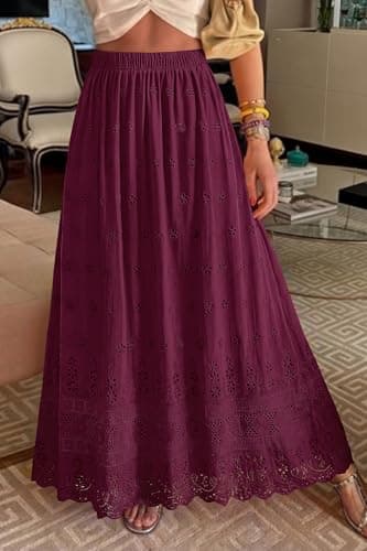 dowerme Women Summer Maxi Skirt Cute Elastic High Waist Boho Eyelet A-Line Cotton Flowy Long Skirts Spring Clothes 2026(Burgundy,Large) - Thumbnail 2