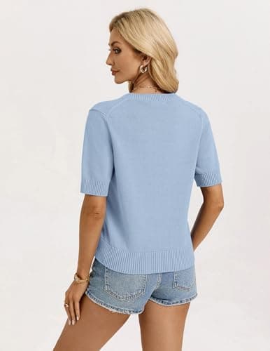 GRACE KARIN Short Sleeve Cardigans for Women Blue Summer Cardigan Casual Crew Neck Button Down Sweater Top(Light Blue,Medium) - Thumbnail 4