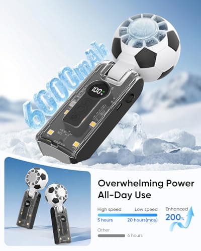 Hiluckey Portable Handheld Turbo Fan with Ice Cooling, 5 Gear Wind, 3 In 1 Soccer-Shaped Mini Personal Fan, 6000mAh Rechargeable Pocket Fan for Travel/Outdoor/Office, 180° Adjustable, 20H Max Runtime - Thumbnail 6