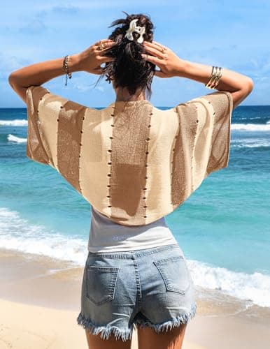 BB&KK Womens Shrug Lightweight Batwing Short Sleeve Stripped Summer Bolero Cropped Sweater Cardigan for Dress - Thumbnail 3