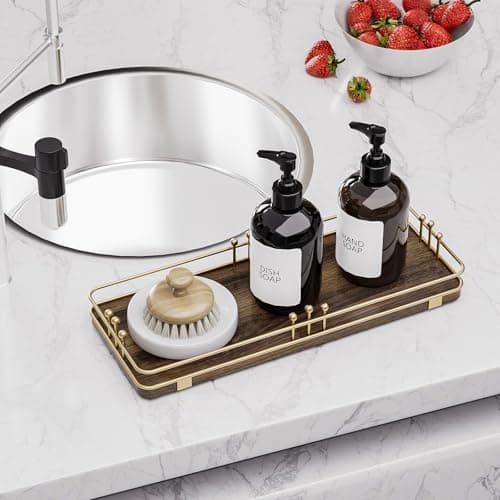 Pursura Bathroom Vanity Tray for Countertop Toiletries Perfume Makeup Soap Dispenser Toilet Tank, Kitchen Tray for Salt Spice, Decor Tray for Candle Nightstand Coffee 11.3”x 4.4” Brown-Gold - Thumbnail 4