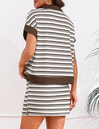 Totatuit Striped Skirt Sets for Women 2 piece Outfits Summer Casual Short Sleeve Skort Workout Set Matching Lounge Sets Coffee Medium - Thumbnail 4