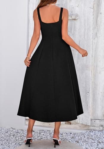 BTFBM Women Elegant Wedding Guest Dress Summer Square Neck Sleeveless Flowy A Line Formal Cocktail Party Maxi Dresses(Black, XX-Large) - Thumbnail 3
