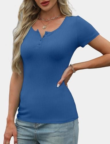 GKBK Women's 2025 Spring Summer Short Sleeve Tops Ribbed Henley Button Slim Fit Basic Casual T Shirts Blouse Trendy Royal Blue XL - Thumbnail 3