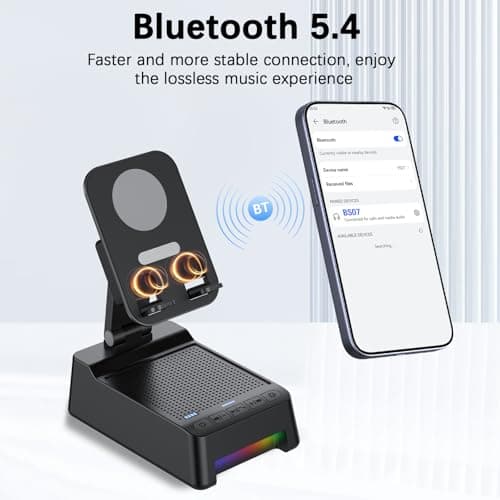 Wireless Induction Speaker, 5 in 1 Bluetooth Speaker with Phone Stand and Power Bank(3000mAh), Birthday Gifts for Men Women Teens, LED Lights 360° Rotation Phone Holder Compatible with Phones iPad - Thumbnail 5