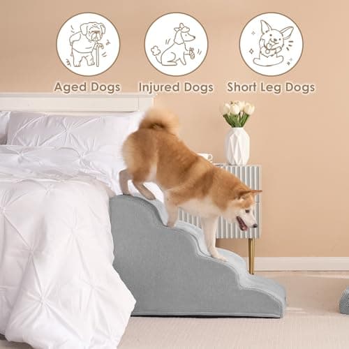 EHEYCIGA Curved Dog Stairs Ramp for High Beds 19.7" H, 4-Step Dog Steps for Small Dogs and Cats, Pet Stairs for High Bed Climbing, Non-Slip Balanced Pet Step Indoor, Light Grey - Thumbnail 4