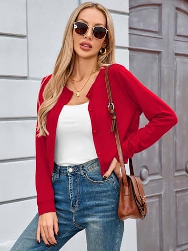 Heymoments Women Cropped Cardigan Bolero Shrug Red XX-Large Button Down Long Sleeve Crewneck Casual Business Ladies Open Front Knit Lightweight Coat Fall Tops Sweater for Dresses Jean - Thumbnail 3