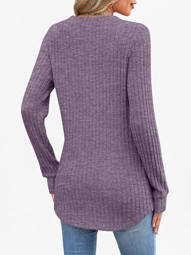 ANRABESS Womens Long Sleeve Henley Shirts 2026 Fall Tunic Tops Ribbed Knit Lightweight Sweaters Dressy Casual Blouse Outfits Purple Medium - Thumbnail 6