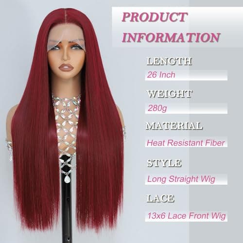 Barbique 13x6 Lace Front Wig 26 Inch Straight Synthetic Hair Burgundy Wig - Thumbnail 5