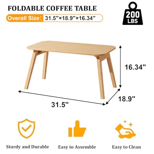 Baveke Coffee Table Foldable Mid Century Desk TV Stand with Open Storage Shelf Center Table for Living Room Furniture RV No Assembly, Natural (31.5IN) - Thumbnail 2